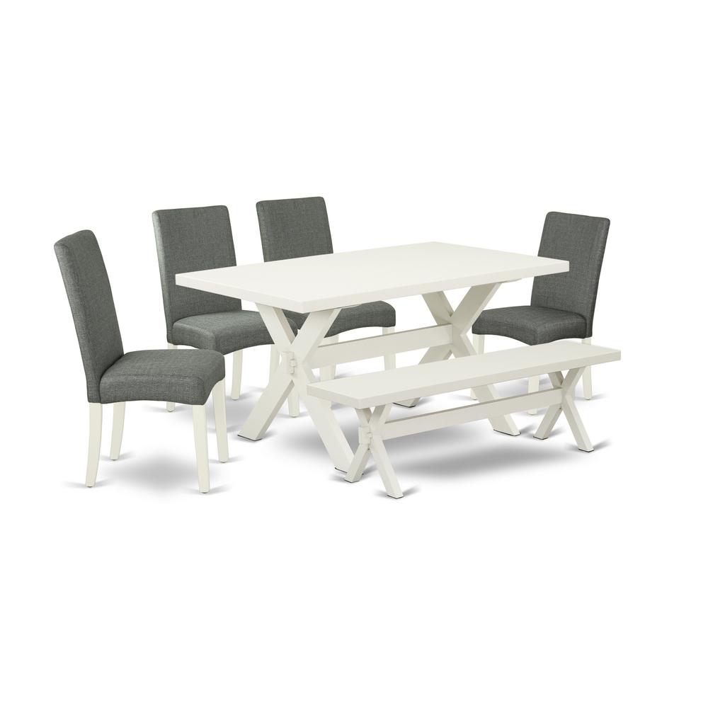 East West Furniture 6-Pc Kitchen Dinette Set-Gray Smoke Linen Fabric Seat and Stylish Chair Back Kitchen chairs, a Rectangular Bench and Rectangular Top Modern Dining Table with Wood Legs - Linen Whit. Picture 1