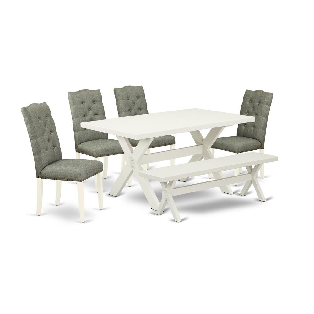 East West Furniture 6-Pc Dining room Table Set-Smoke Color Linen Fabric Seat and Button Tufted Chair Back Dining room chairs, a Rectangular Bench and Rectangular Top Kitchen Dining Table with Hardwood. Picture 1