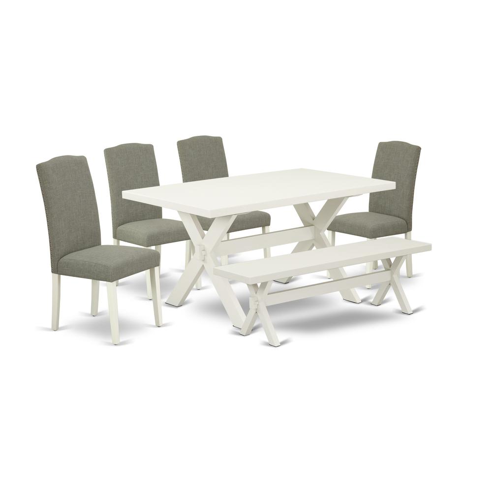 East West Furniture 6-Piece Dining room Table Set-Dark Shitake Linen Fabric Seat and Stylish Chair Back Dining chairs, a Rectangular Bench and Rectangular Top dining table with Hardwood Legs - Linen W. Picture 1