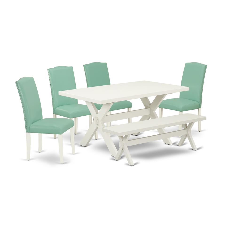 East West Furniture 6-Piece Wood Dining Table Set-Pond Linen Fabric Seat and Button Tufted Chair Back Kitchen chairs, A Rectangular Bench and Rectangular Top dining room table with Wooden Legs - Linen. Picture 1