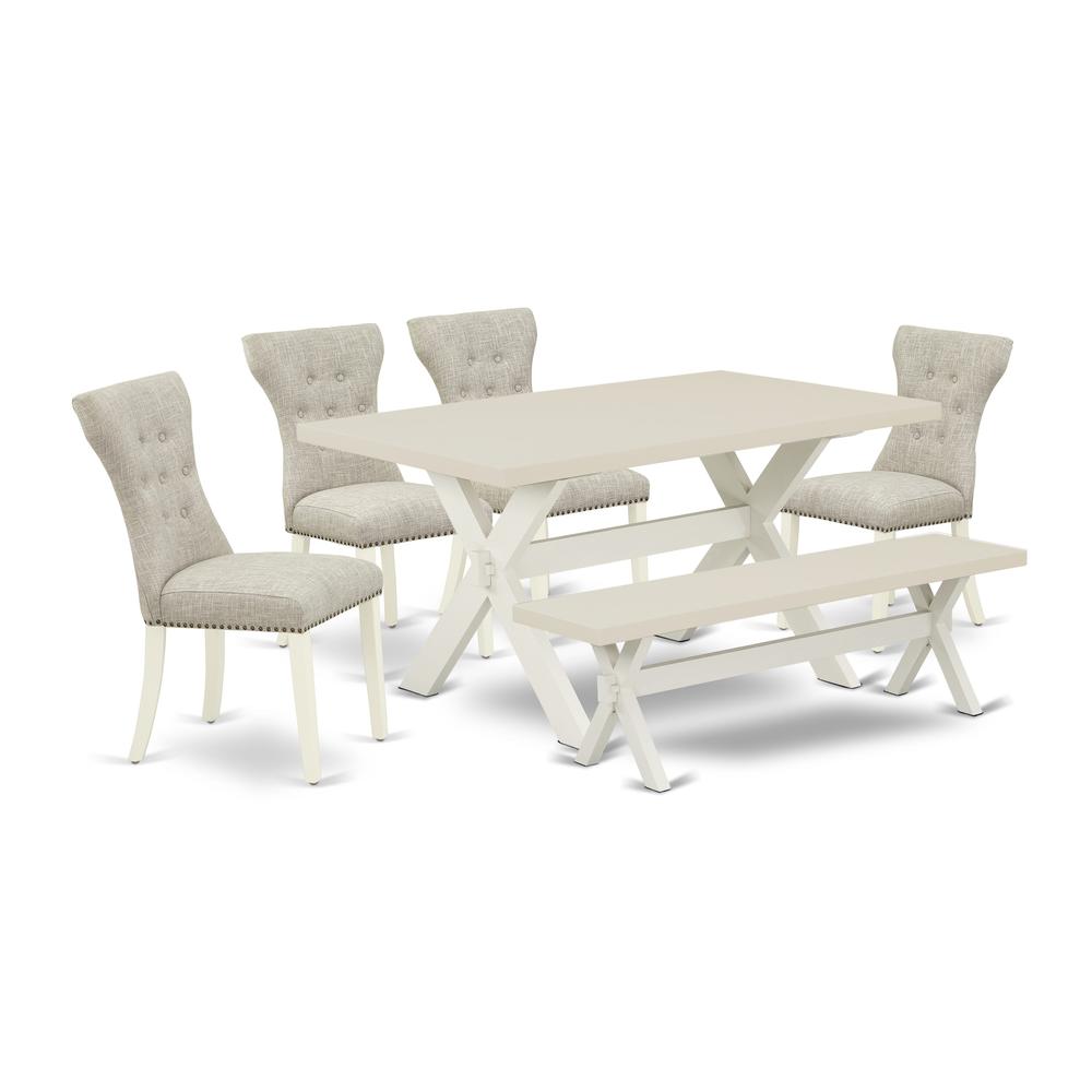 X026GA235-6 6-Piece Kitchen Dinette Set-Doeskin Linen Fabric Seat and Button Tufted Chair Back Parson dining room chairs, A Rectangular Bench and Rectangular top Kitchen Table with Wooden Legs - Linen. Picture 1