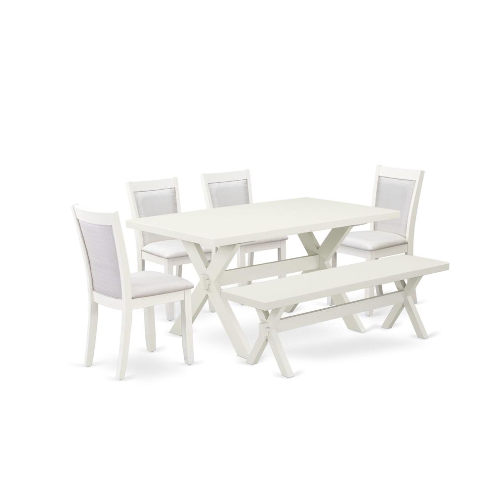 X026MZ001-6 6-Pc Dining Table Set Contains a Dinner Table - 4 Cream Dining Chairs and a Bench - Wire Brushed Linen White Finish. Picture 1