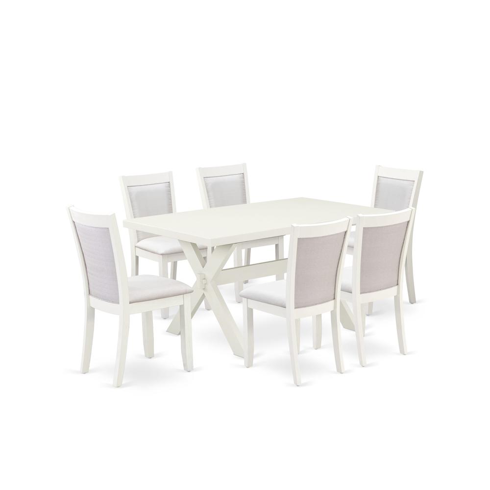 X026MZ001-7 7-Piece Dining Set Contains a Dining Table and 6 Cream Upholstered Dining Chairs - Wire Brushed Linen White Finish. Picture 1
