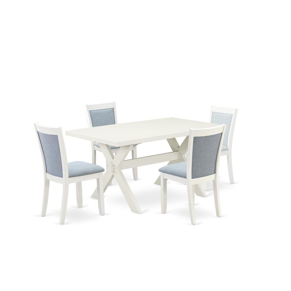 X026MZ015-5 5-Piece Dining Room Table Set Contains a Dining Table and 4 Baby Blue Padded Chairs - Wire Brushed Linen White Finish. Picture 1