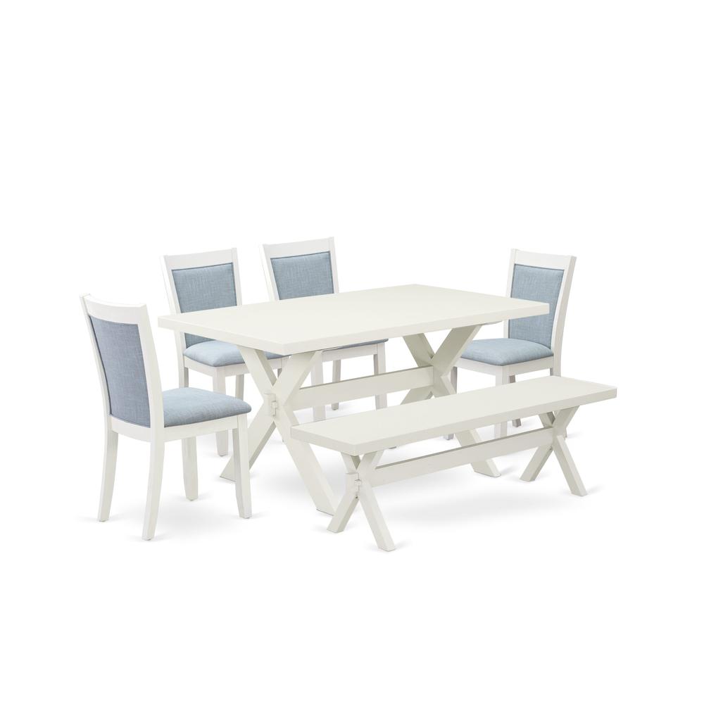 X026MZ015-6 6-Pc Dining Set Contains a Wood Table - 4 Baby Blue Dining Chairs and a Small Bench - Wire Brushed Linen White Finish. Picture 1