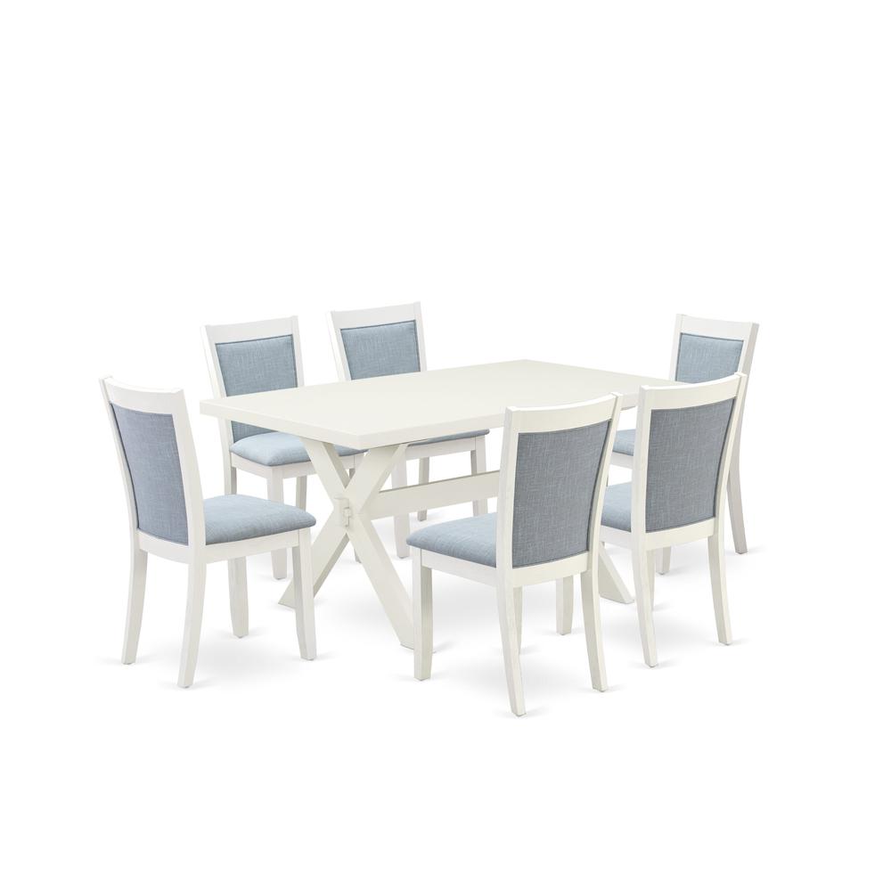 X026MZ015-7 7-Piece Dining Table Set Contains a Wooden Table and 6 Baby Blue Dining Room Chairs - Wire Brushed Linen White Finish. Picture 1