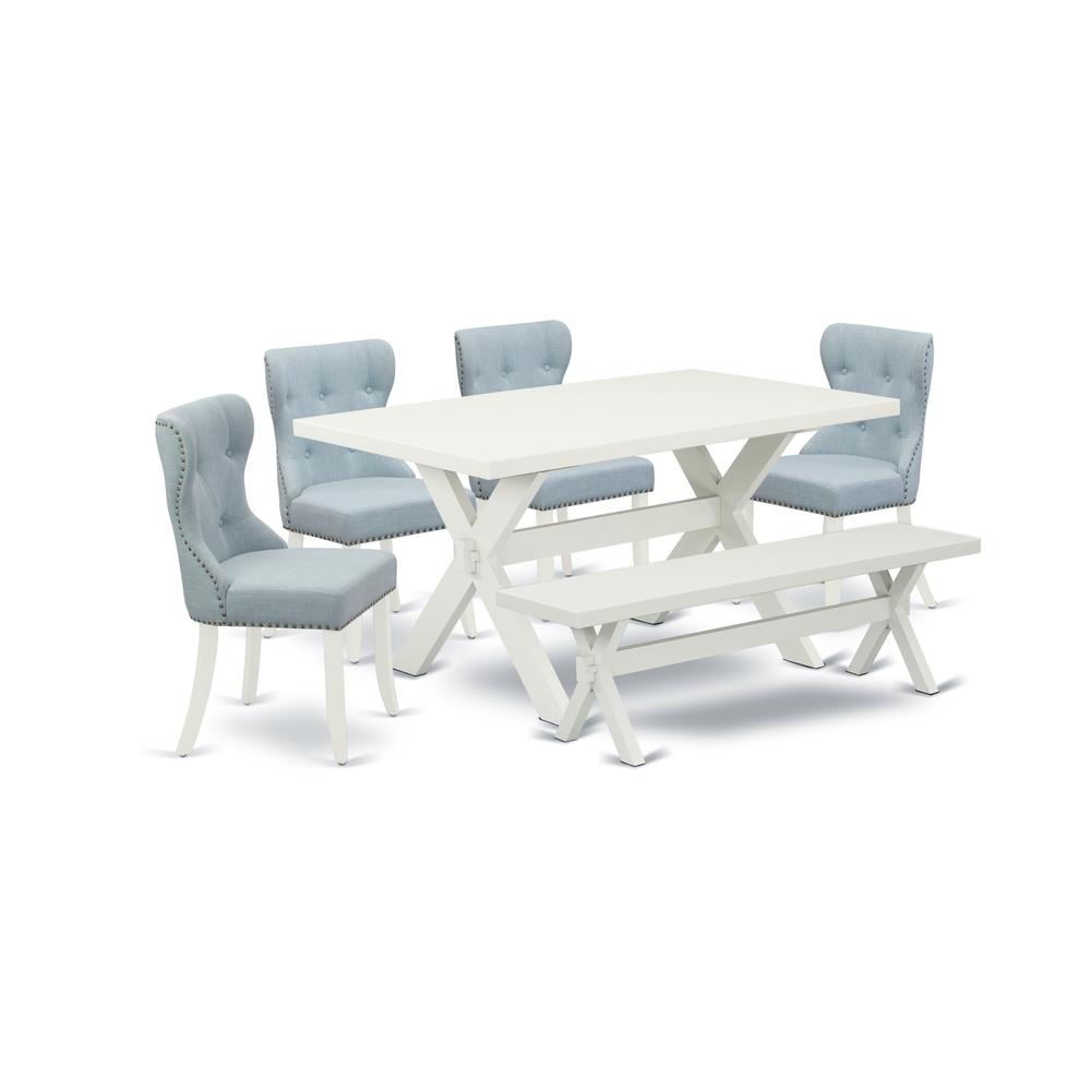 East West Furniture X026SI215-6 6-Pc Dinette Set- 4 Dining Chairs with Baby Blue Linen Fabric Seat and Button Tufted Chair Back - Rectangular Top & Wooden Cross Legs Kitchen Dining Table and Wooden Di. Picture 1