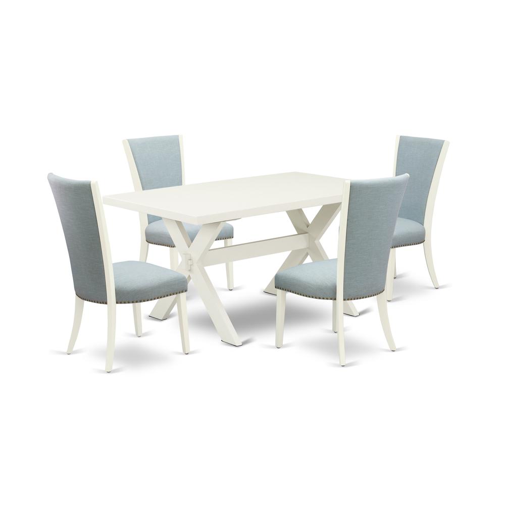 East West Furniture X026VE215-5 5 Piece Modern Dining Table Set - 4 Baby Blue Linen Fabric Parson Dining Chairs with Nailheads and Linen White Wood Table - Linen White Finish. Picture 1