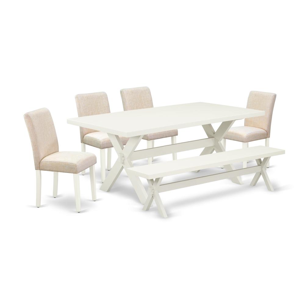 East West Furniture 6-Pc Dining Set-Light Beige Linen Fabric Seat and High Stylish Chair Back Parson Dining room chairs, A Rectangular Bench and Rectangular Top Modern Dining Table with Hardwood Legs. Picture 1