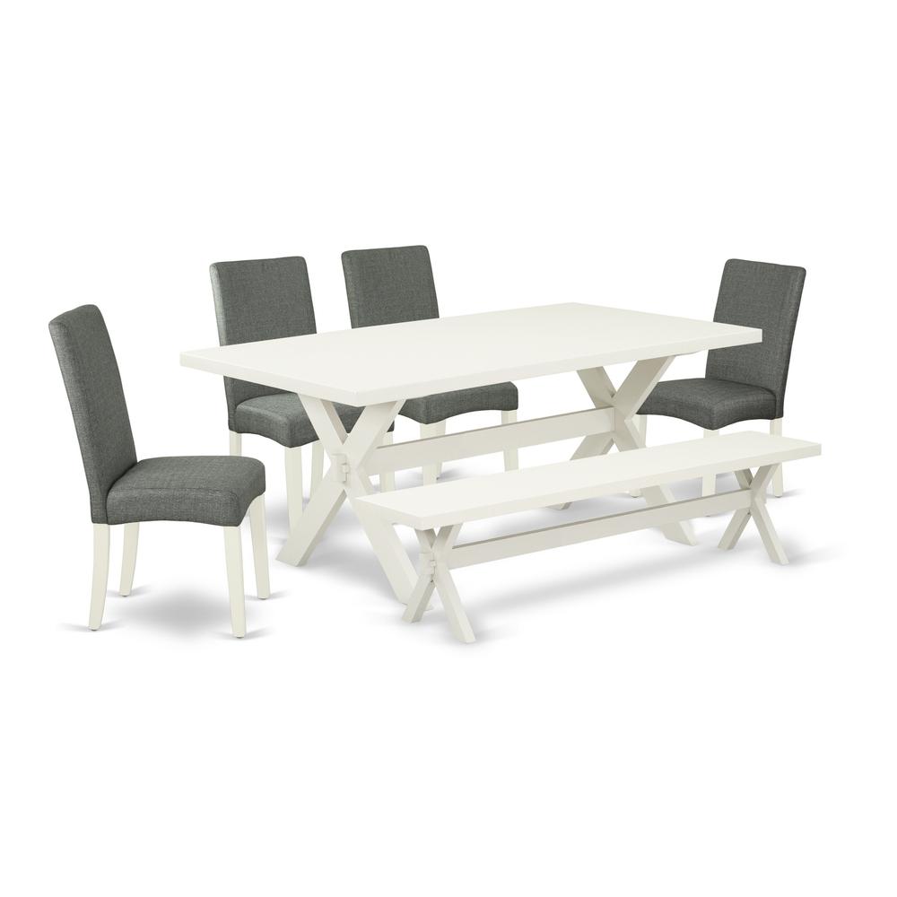 East West Furniture 6-Piece Wooden Dining Table Set-Gray Smoke Linen Fabric Seat and Stylish Chair Back Dining chairs, A Rectangular Bench and Rectangular Top dining table with Hardwood Legs - Linen W. Picture 1