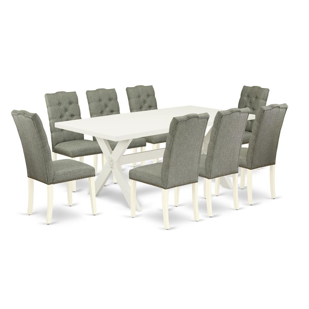 East West Furniture X027EL207-9 - 9-Piece Kitchen Table Set - 8 Padded Parson Chairs and a Rectangular Table Solid Wood Frame. Picture 1