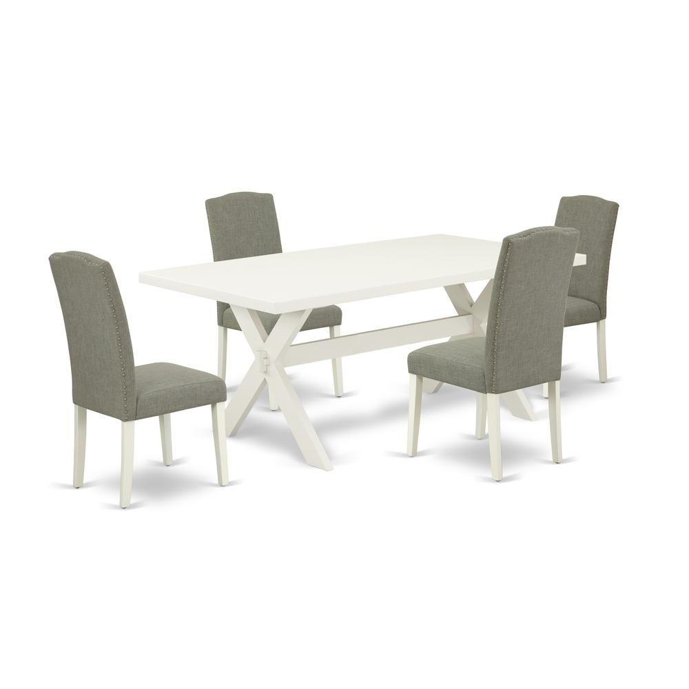 East West Furniture 5-Pc Dinette Set Included 4 Dining room chairs Upholstered Nails Head Seat and Stylish Chair Back and Rectangular Dining Table with Linen White rectangular Dining Table Top - Linen. Picture 1