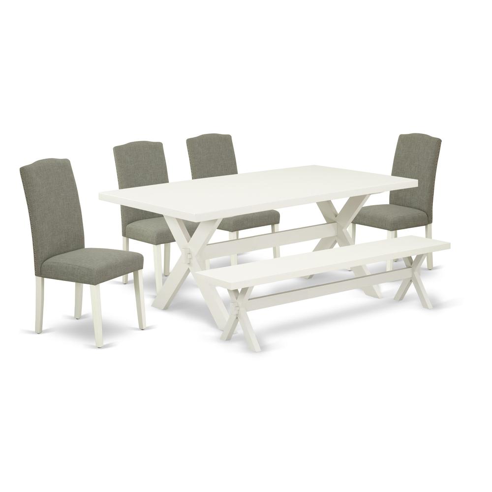 East West Furniture 6-Pc Dinette Table Set-Dark Shitake Linen Fabric Seat and Stylish Chair Back Parson Dining chairs, A Rectangular Bench and Rectangular Top Dining room Table with Wooden Legs - Line. Picture 1