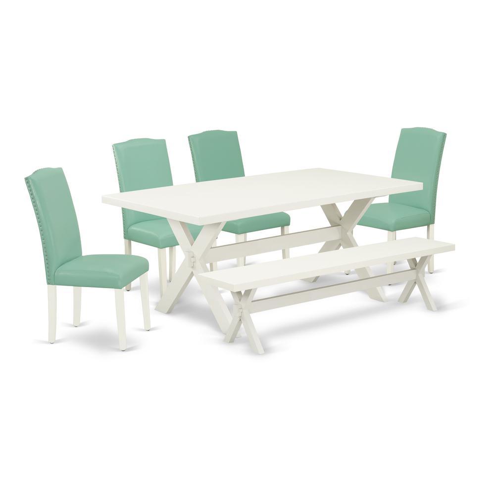 East West Furniture 6-Piece -Pond Linen Fabric Seat and Button Tufted Chair Back Parson chairs, A Rectangular Bench and Rectangular Top Wood Dining Table with Wooden Legs - Linen white and Linen white. Picture 1