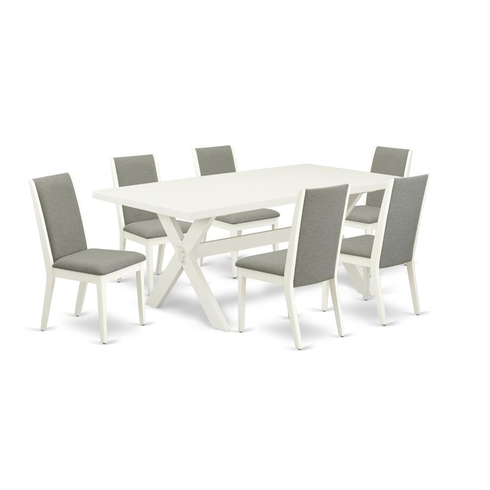 East West Furniture X027LA206-7 7-Piece Modern Dinette Set a Great Linen White Modern Dining Table Top and 6 Attractive Linen Fabric Parson Dining Chairs with Stylish Chair Back, Linen White Finish. Picture 1
