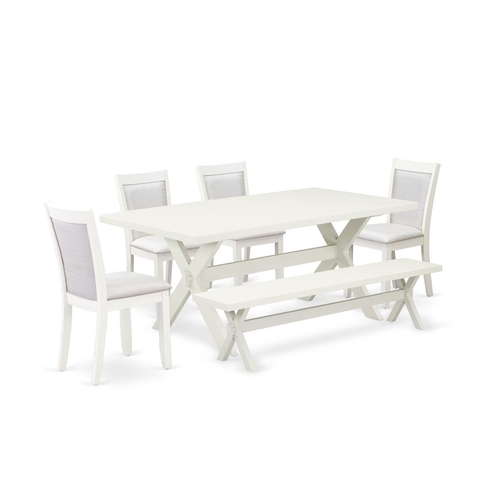 X027MZ001-6 6-Piece Dining Set Includes a Dining Table - 4 Cream Dining Chairs and a Wood Bench - Wire Brushed Linen White Finish. Picture 1