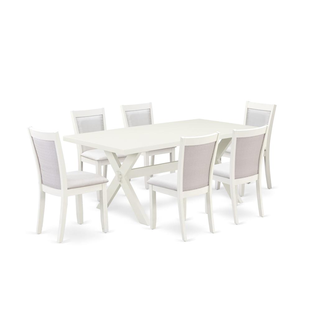 X027MZ001-7 7-Pc Kitchen Table Set Includes a Wood Dining Table and 6 Cream Parson Chairs - Wire Brushed Linen White Finish. Picture 1