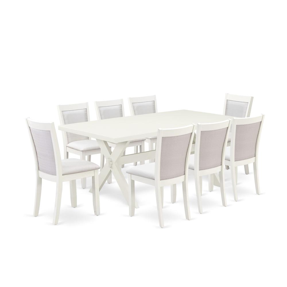 X027MZ001-9 9-Pc Dining Room Set Includes a Dining Table and 8 Cream Upholstered Dining Chairs - Wire Brushed Linen White Finish. Picture 1