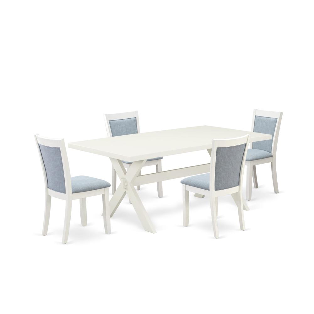 X027MZ015-5 5-Pc Dinette Set Includes a Dining Room Table and 4 Baby Blue Parson Dining Chairs - Wire Brushed Linen White Finish. Picture 1