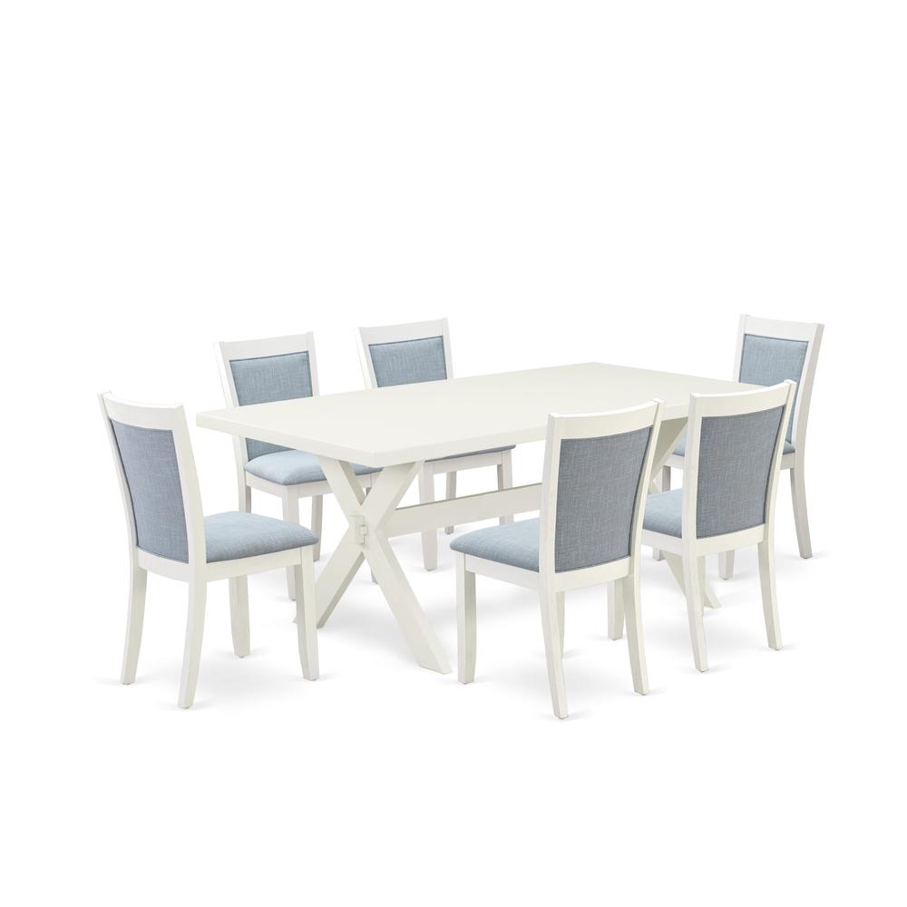 X027MZ015-7 7-Pc Dining Set Includes a Wooden Dining Table and 6 Baby Blue Dining Room Chairs - Wire Brushed Linen White Finish. Picture 1