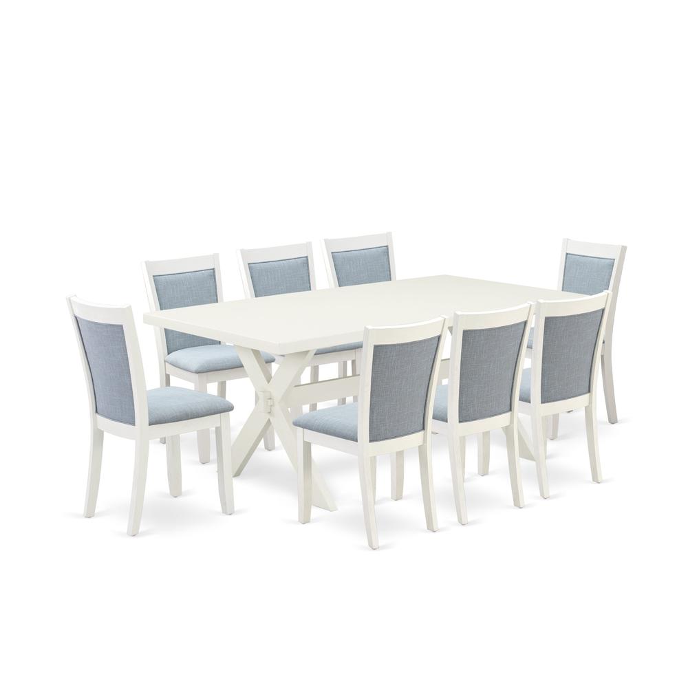X027MZ015-9 9-Pc Modern Dining Table Set Includes a Dining Table and 8 Baby Blue Dining Chairs - Wire Brushed Linen White Finish. Picture 1