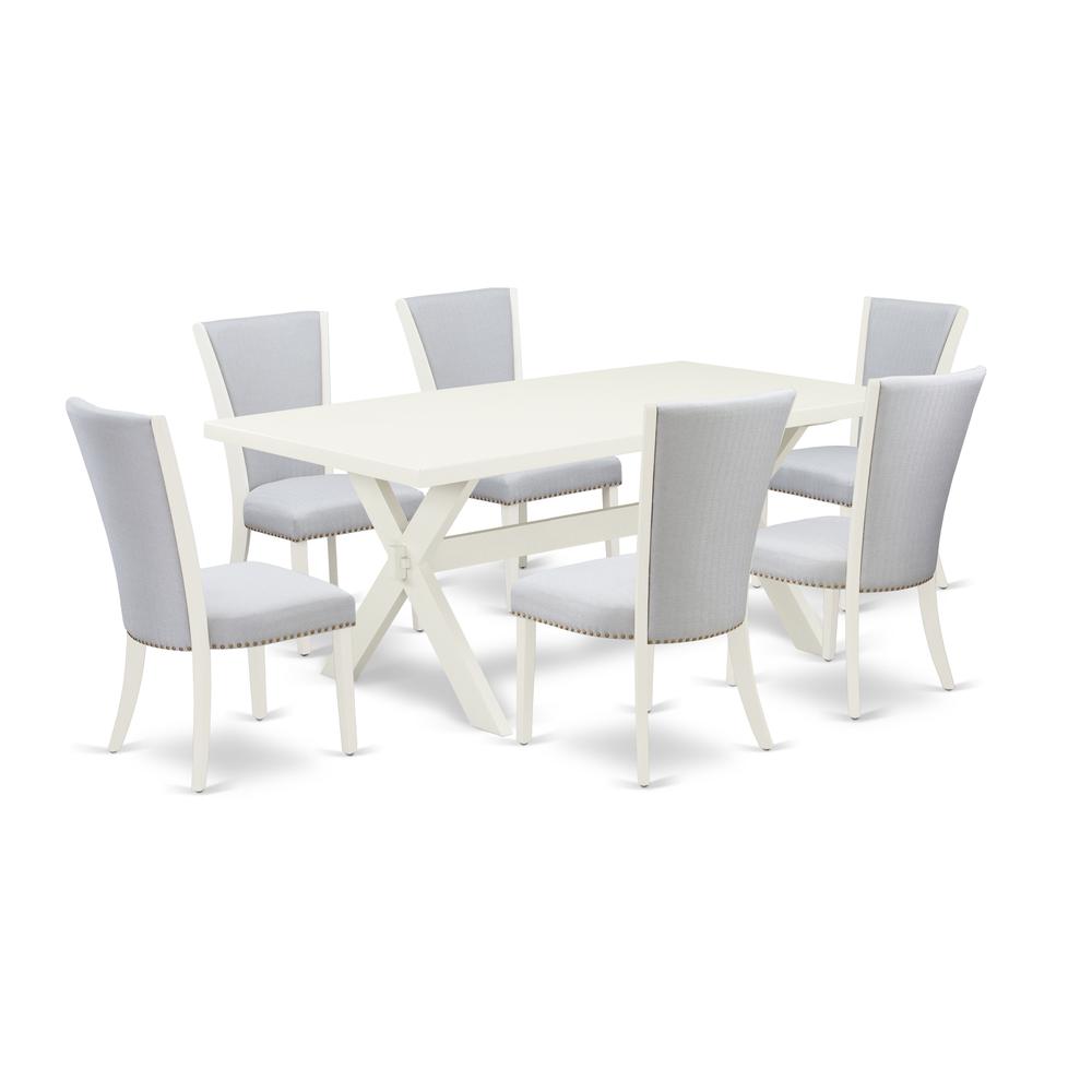 East West Furniture 7-Piece Dining Table Set Consists of 6 Kitchen Chairs with Upholstered Seat and Stylish Back-Rectangular Modern Kitchen Table - Linen White and Wirebrushed Linen White Finish. Picture 1