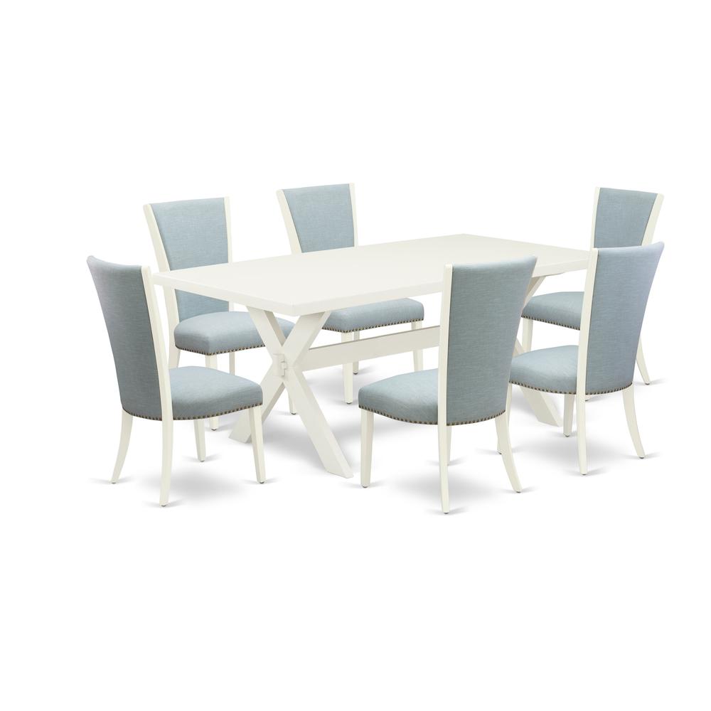 East West Furniture X027VE215-7 7 Piece Table Set - 6 Baby Blue Linen Fabric Upholstered Dining Chairs with Nail Heads and Linen White Wooden Table - Linen White Finish. Picture 1