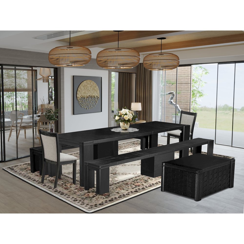 Luxe East West Furniture X02MZ-2C6-50 6-piece Dining Room Table Set a Rectangular Kitchen Table with a coffee Table and 2 wooden Benches and 2 Dark Gotham Grey Linen Fabric Dining Chair, Wire Brushed. Picture 2