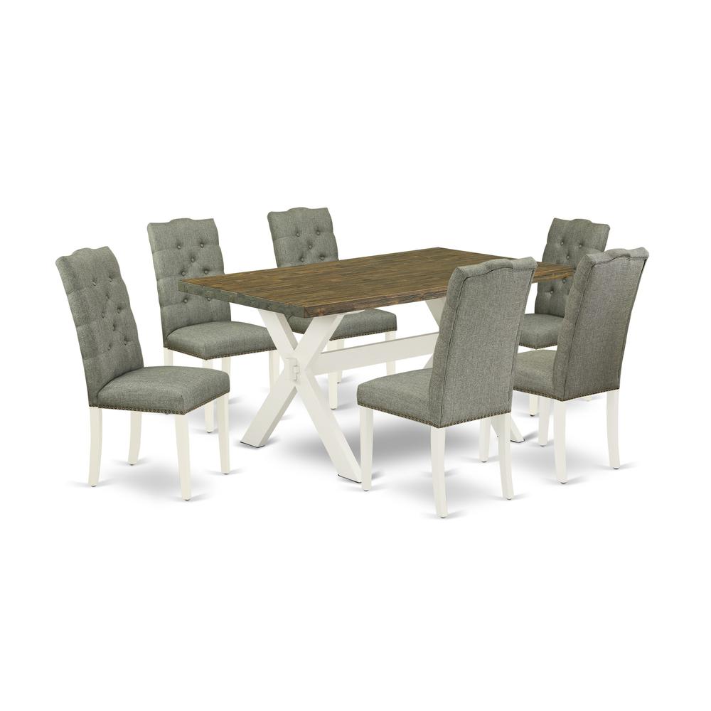 East West Furniture X076EL207-7 7-Piece Modern Dining Table Set- 6 Parson Dining Chairs with Smoke Linen Fabric Seat and Button Tufted Chair Back - Rectangular Table Top & Wooden Cross Legs - Distress. Picture 1