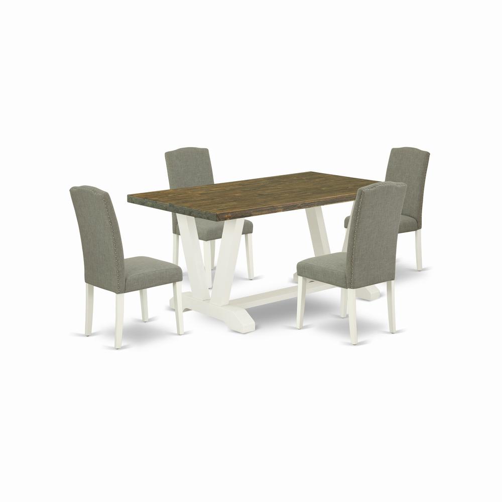 East West Furniture X076EN206-5 5-Piece Beautiful Rectangular Table Set a Good Distressed Jacobean Rectangular Dining Table Top and 4 Beautiful Linen Fabric Parson Dining Room Chairs with Nail Heads a. Picture 1