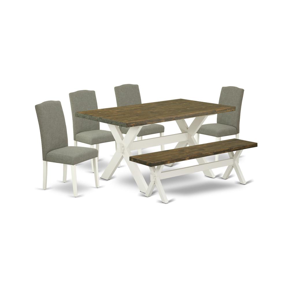 East West Furniture X076EN206-6 6-Piece Amazing an Outstanding Distressed Jacobean dining table Top and Distressed Jacobean Small Bench and 4 Lovely Linen Fabric Parson Chairs with Nail Heads and Styl. Picture 1