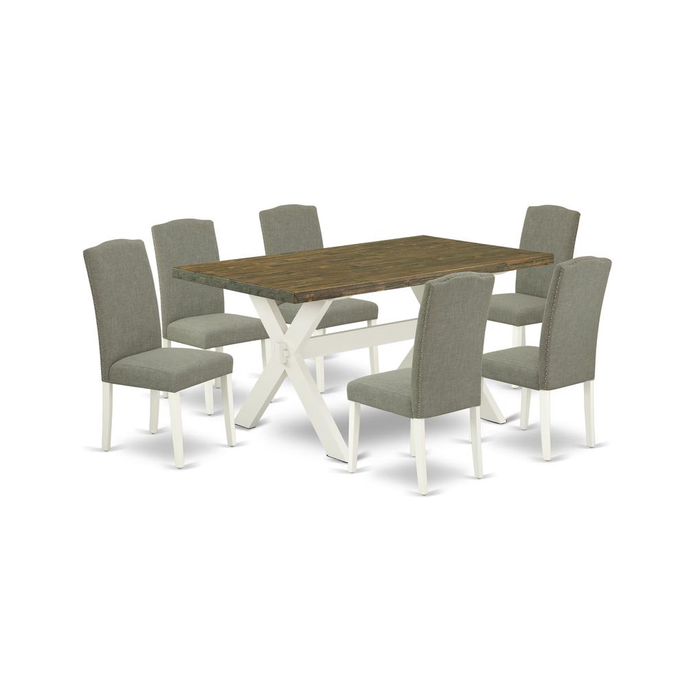 East West Furniture X076EN206-7 7-Piece Beautiful Rectangular Dining Room Table Set an Excellent Distressed Jacobean Wood Table Top and 6 Lovely Linen Fabric Parson Dining Chairs with Nail Heads and S. Picture 1
