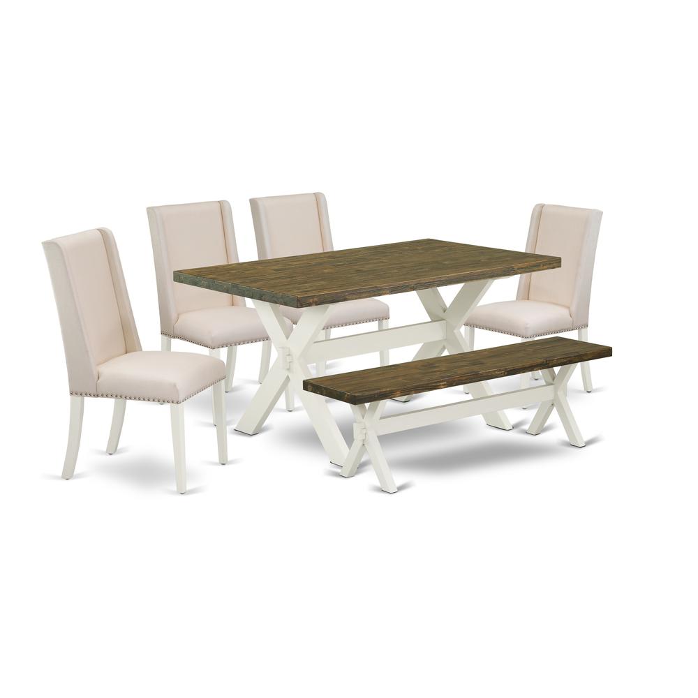 East West Furniture 6-Piece Gorgeous Dining Room Table Set a Good Distressed Jacobean Dining Table Top and Distressed Jacobean Wooden Bench and 4 Beautiful Linen Fabric Parson Dining Room Chairs with. Picture 1