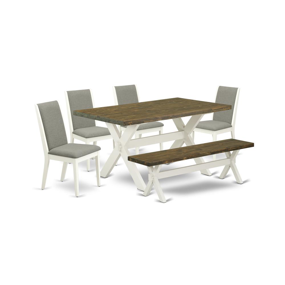East West Furniture X076LA206-6 6-Piece Stylish Rectangular Dining Room Table Set a Great Distressed Jacobean rectangular Table Top and Distressed Jacobean Indoor Bench and 4 Stunning Linen Fabric Par. Picture 1