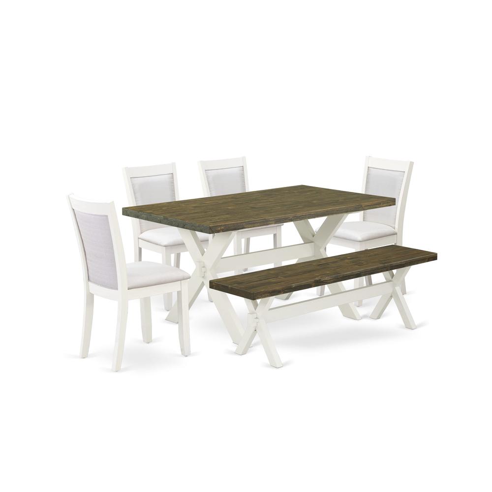 X076MZ001-6 6-Pc Table Set Consists of a Dining Table - 4 Cream Parson Chairs and a Wood Bench - Wire Brushed Linen White Finish. Picture 1