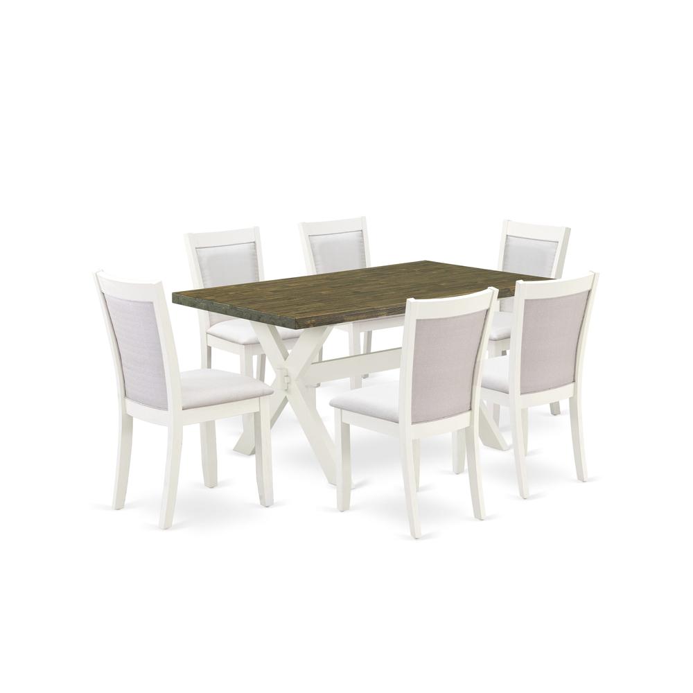 X076MZ001-7 7-Piece Modern Dining Table Set Consists of a Wooden Table and 6 Cream Dining Chairs - Wire Brushed Linen White Finish. Picture 1