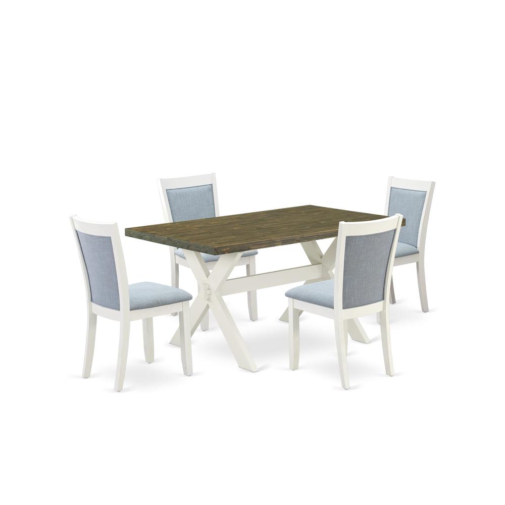 X076MZ015-5 5-Piece Dining Table Set Consists of a Wood Table and 4 Baby Blue Parson Chairs - Wire Brushed Linen White Finish. Picture 1