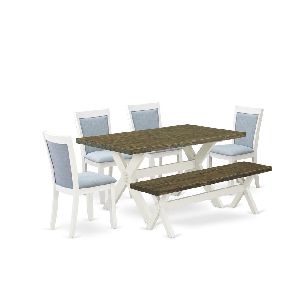 X076MZ015-6 6-Pc Table Set Consists of a Wood Table - 4 Baby Blue Padded Chairs and a Wood Bench - Wire Brushed Linen White Finish. Picture 1