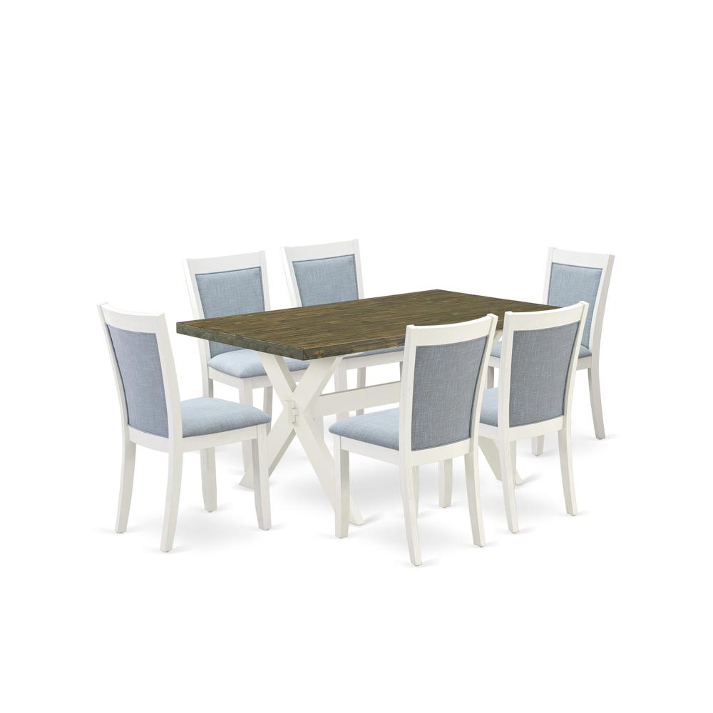 X076MZ015-7 7-Piece Kitchen Table Set Consists of a Dinner Table and 6 Baby Blue Parsons Chairs - Wire Brushed Linen White Finish. Picture 1