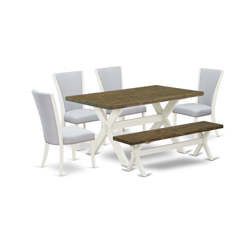 East West Furniture X076VE005-6 6 Piece Dining Room Table Set - 4 Grey Linen Fabric Parsons Chair with Nailheads and Distressed Jacobean Modern Dining Table - 1 Wood Bench - Wire Brushed Linen White F. Picture 1