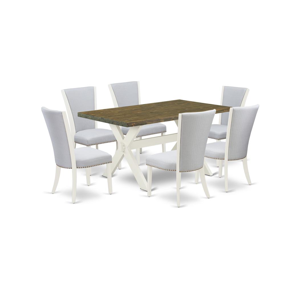 East West Furniture 7-Pc Dining Room Set Includes 6 Mid Century Modern Dining Chairs with Upholstered Seat and Stylish Back-Rectangular Table - Distressed Jacobean and Wirebrushed Linen White Finish. Picture 1