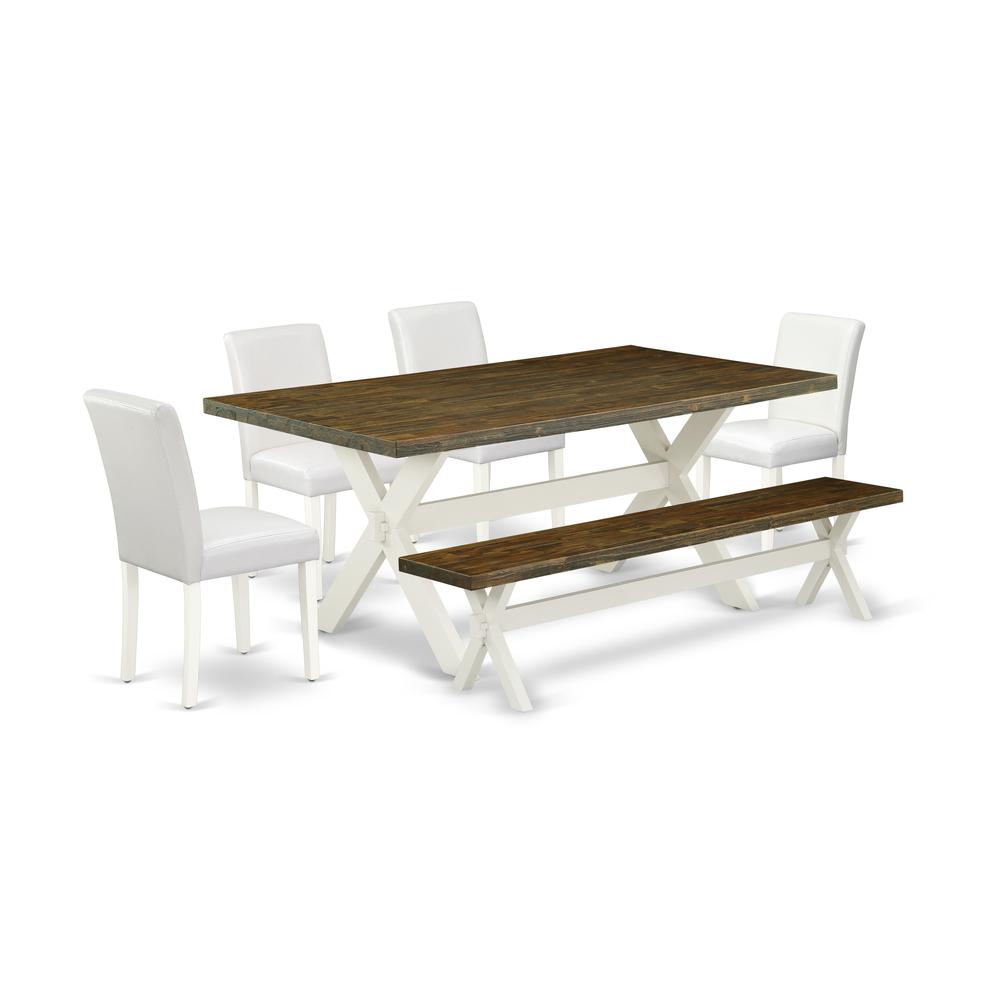 East West Furniture X077AB264-6 6-Piece Stylish kitchen table set a Superb Distressed Jacobean Color Wood Table Top and Distressed Jacobean Color Small Bench and 4 Attractive Pu Leather Dining Chairs. Picture 1