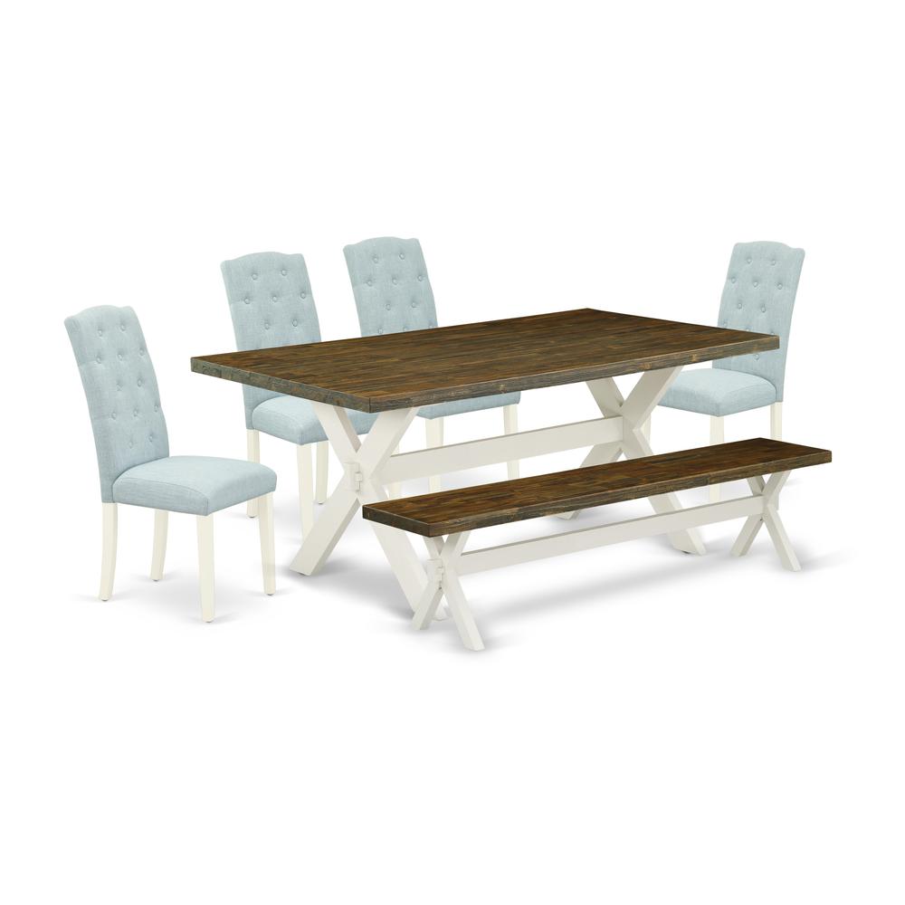 East West Furniture X077CE215-6 6-Pc Kitchen and Dining Room Set- 4 Upholstered Dining Chairs with Baby Blue Linen Fabric Seat and Button Tufted Chair Back - Rectangular Top & Wooden Cross Legs dining. Picture 1
