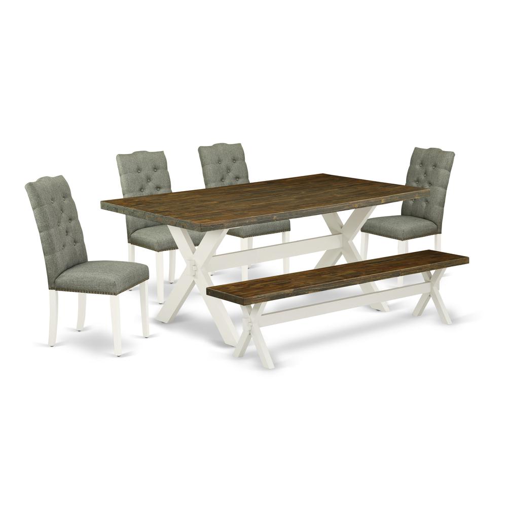 East West Furniture X077EL207-6 6-Piece Dining Room Table Set- 4 Dining Room Chairs with Smoke Linen Fabric Seat and Button Tufted Chair Back - Rectangular Top & Wooden Cross Legs Dining Table and Woo. Picture 1