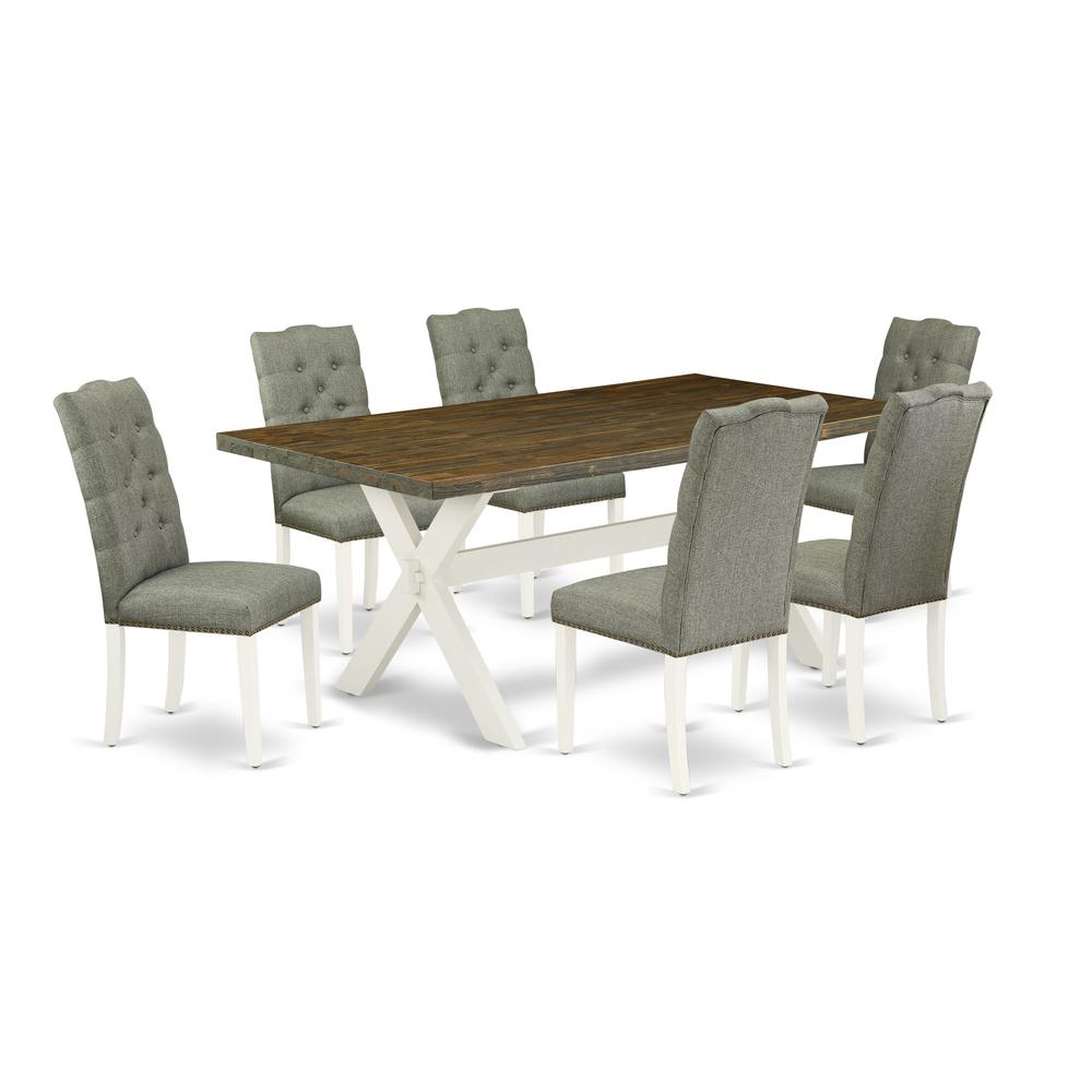 East West Furniture X077EL207-7 7-Pc Dinette Room Set- 6 Parson Chairs with Smoke Linen Fabric Seat and Button Tufted Chair Back - Rectangular Table Top & Wooden Cross Legs - Distressed Jacobean and L. Picture 1