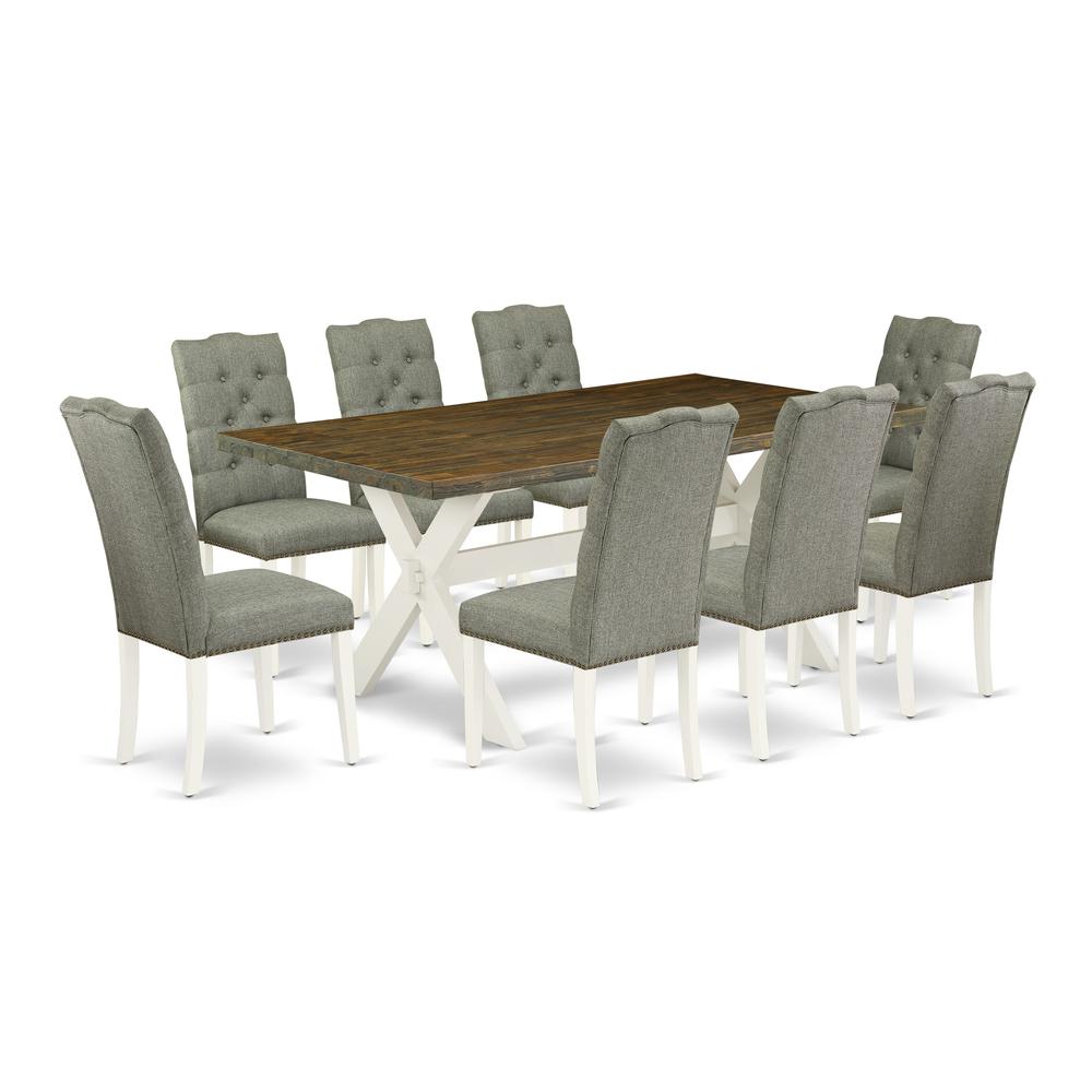 East West Furniture X077EL207-9 9-Pc Dining Room Set- 8 Upholstered Dining Chairs with Smoke Linen Fabric Seat and Button Tufted Chair Back - Rectangular Table Top & Wooden Cross Legs - Distressed Jac. Picture 1