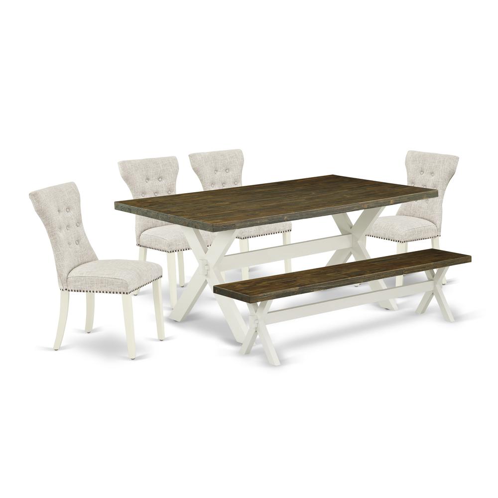 East West Furniture 6-Pc Dining Table Set- 4 Parson Dining Chairs with Doeskin Linen Fabric Seat and Button Tufted Chair Back - Rectangular Top & Wooden Cross Legs Wood Dining Table and Wooden Dining. Picture 1