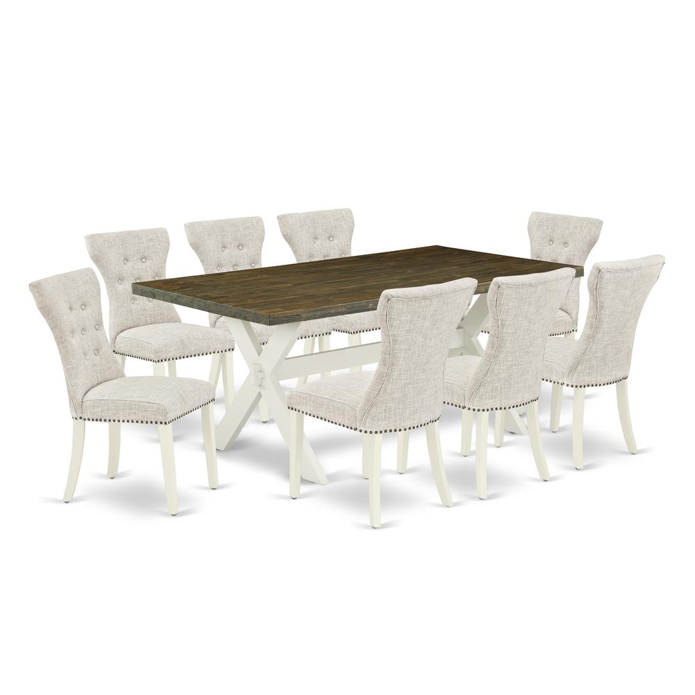 East West Furniture 9-Pc Dining Room Table Set- 8 Dining Chairs with Doeskin Linen Fabric Seat and Button Tufted Chair Back - Rectangular Table Top & Wooden Cross Legs - Distressed Jacobean and Linen. Picture 1