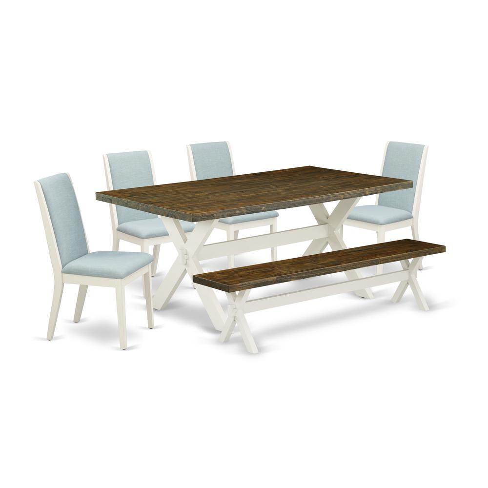 East West Furniture X077LA015-6 6Pc Dinette Sets for Small Spaces Consists of a Kitchen Table, 4 Parsons Dining Room Chairs with Baby Blue Color Linen Fabric and a Bench, Medium Size Table with Full B. Picture 1