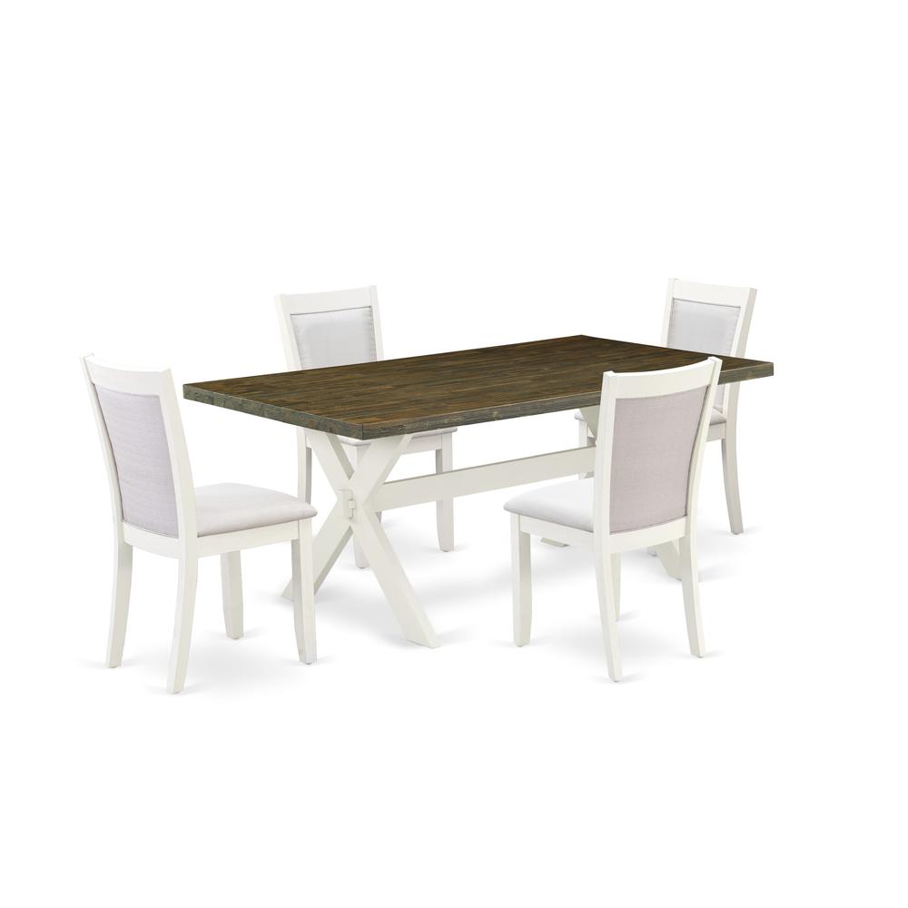 East West Furniture 5-Pc Kitchen Table Set Contains a Dining Table and 4 Cream Linen Fabric Dinning Chairs with Stylish Back - Wire Brushed Linen White Finish. Picture 1